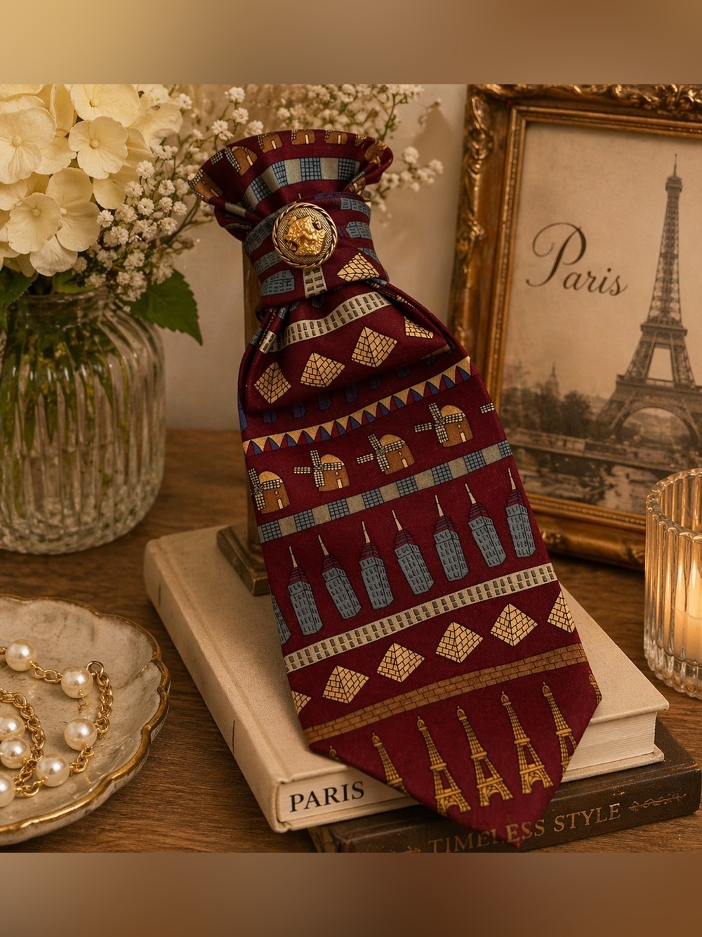Necktie with Decorative Pin and necklace